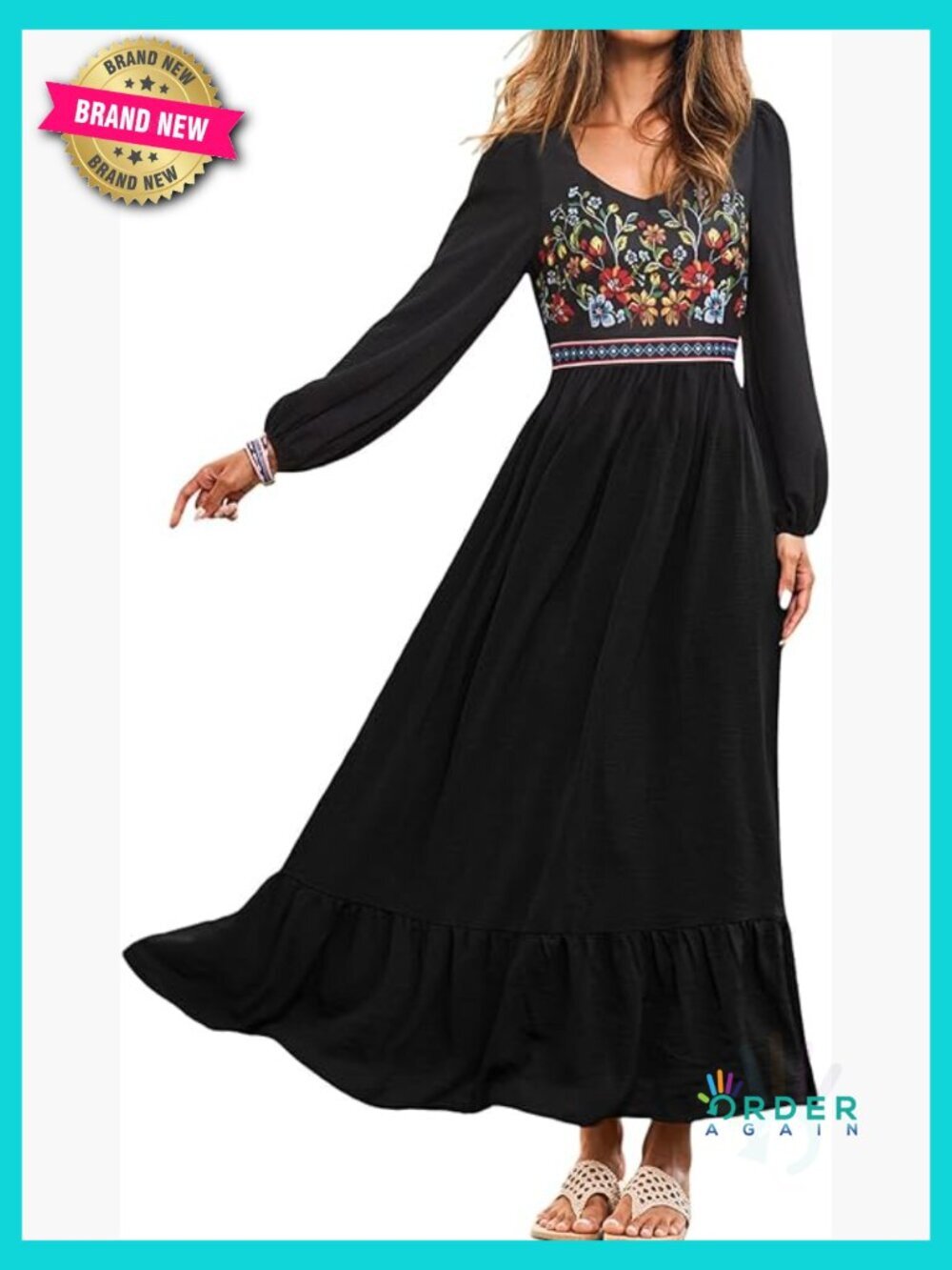 Boho Floral Maxi Dress Long Sleeve V-Neck A-Line Tiered Casual Fall